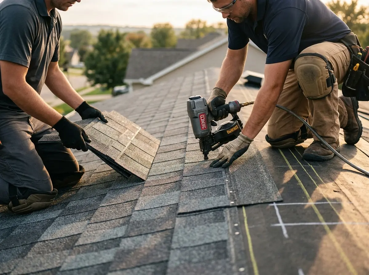 Professional roofer working on a residential roof in Riga